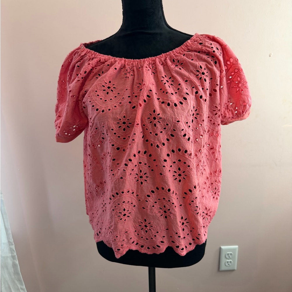 Cynthia Rowley Coral Eyelet Off Shoulder Top Size Medium 100% Cotton
